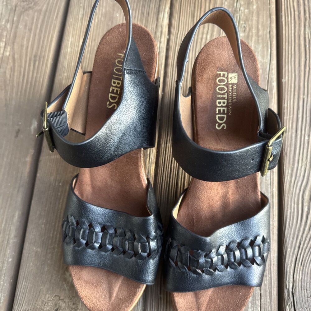 White Mountain Footbeds Altheda Black Clog Sandals Womens 9.5 Wood Heel